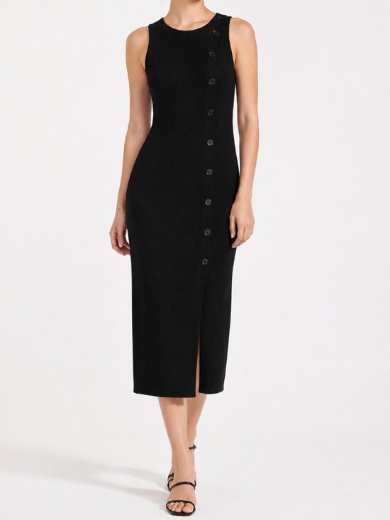 Dresses & Skirts - Retro Black Ribbed Midi Dress SMALL